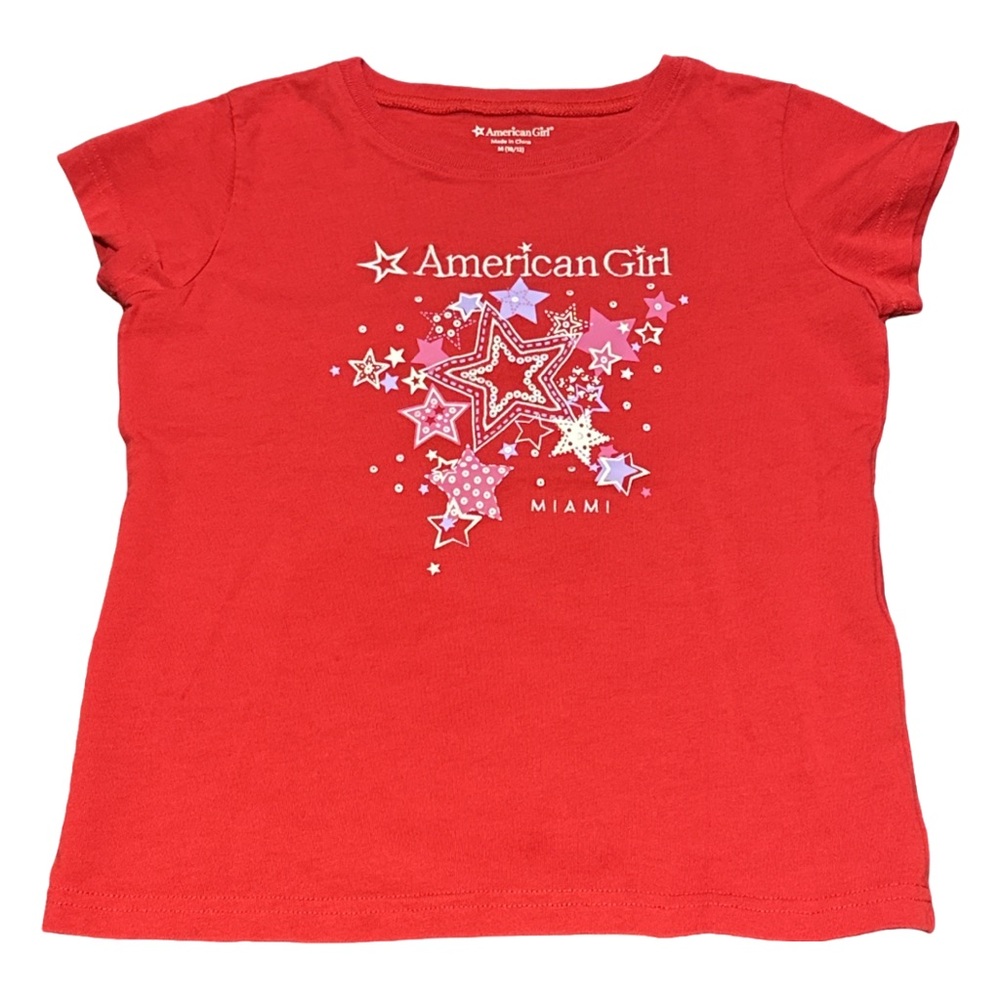 AMERICAN GIRL MIAMI girls red graphic baby tee, girls 10-12 or womens xs-small.